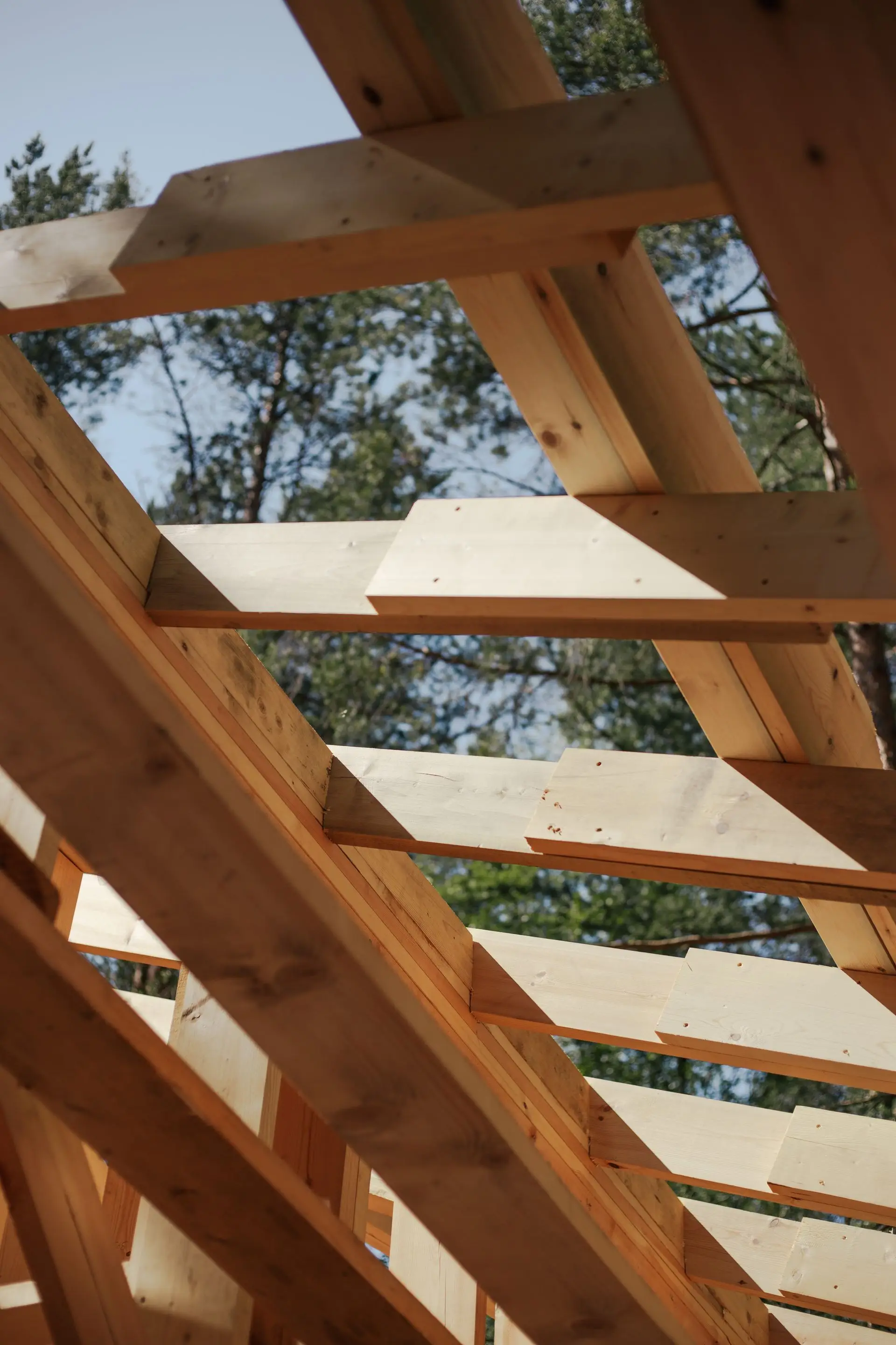 Ossature en bois d’une charpente neuve, chevrons et liteaux